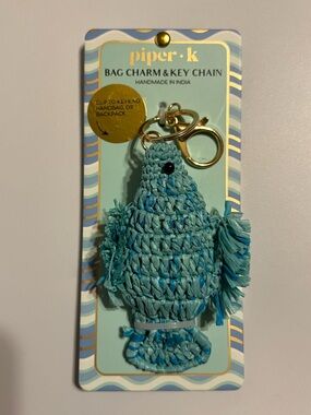 NWT Piper K Crocheted Raffia Fish Bag Charm Key Chain Blue Coastal
